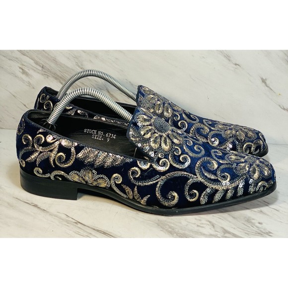 After Midnight Men  Dress Shoe Sz 9 Slip On Embroidered Sequin Velvet Navy Blue main image 5